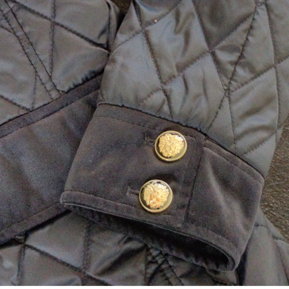 VINCE CAMUTO Navy Quilted Velvet Trim Lined Jacket Gold Buttons Pockets EUC L - Picture 11 of 12